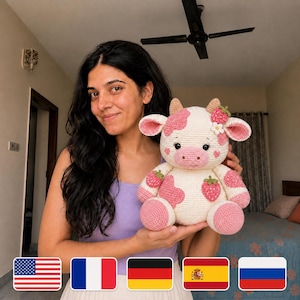 Virkmönster för jordgubbsko i PDF-format, handledning för amigurumi-ko i plysch, söt bondgårdsdjursleksak, 5 språk