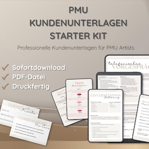 Könnte beinhalten: Ein PMU-Kundenunterlagen-Starterkit mit digitalen Formularen und Karten. Der Text umfasst PMU KUNDENUNTERLAGEN STARTER KIT, Sofortdownload, PDF-Datei, Druckfertig, Termin Karte, Vorbereitung, Lippen, Einverständniserklärung und Aftercare.