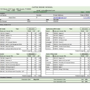 May include: A school transcript from Cattle Ridge School, with student information including name, address, and academic history. The document lists courses, grades, and GPAs for each year, from freshman to senior year, with a graduation date of May 2026.
