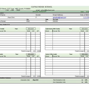 May include: Official high school transcript from Cattle Ridge School. The document includes student information, academic history from grades 9-12, and a summary. The student's name is Jane Doe. The graduation date is May 2026.
