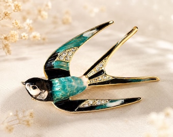 Enamel Swallow Brooch, 18K Gold Plated Rhinestone Bird Lapel Pin