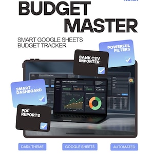 May include: A digital product display for XONIX Budget Master, a smart Google Sheets budget tracker. The graphic features a laptop screen showing financial charts, surrounded by floating labels for smart dashboard, bank CSV importer, and PDF reports.