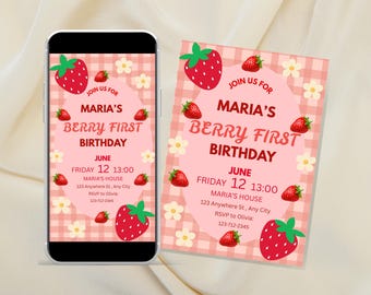 Berry eerste verjaardagsuitnodiging, aardbei verjaardagsuitnodiging, bewerkbare sjabloon, 1e verjaardagsuitnodiging, afdrukbare en mobiele uitnodiging voor feest