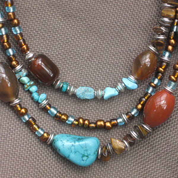 Necklace-Beaded Necklace-Turquoise Necklace-Brown Necklace-Stone Bead Necklace-3 strand Necklace-Brown and Turqoise Necklace-Orange Necklace