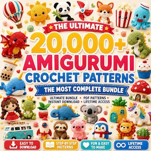 Puede incluir: Un anuncio digital de más de 20.000 patrones de ganchillo Amigurumi con una colección de figuras de ganchillo coloridas que incluyen un globo aerostático, sol, panda, zorro, dragón, dinosaurio, ballena, rana, cohete, perezoso y león.