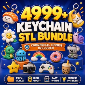 May include: A digital collection of 4999+ keychain STL files featuring various 3D character designs including sushi, a daisy, a cat on a moon, a snail, a dinosaur, a jellyfish, a rainbow, a donut, a koala, a star, a camera, a game controller, and boba tea.