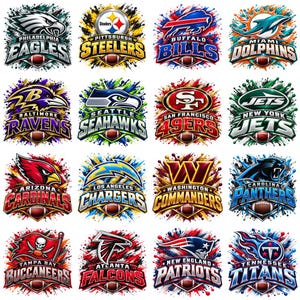 Pode incluir: Uma coleção de dezasseis logótipos de equipas da National Football League dispostos numa grelha, cada um com um fundo de salpicos de tinta vibrantes, o nome da equipa em letras a negrito e um gráfico de bola de futebol central.