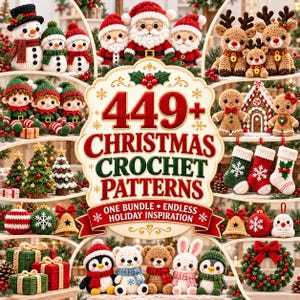 Paquete de 449 patrones de ganchillo navideños en PDF, amigurumis y decoración festiva para las fiestas, patrones de adornos de muñecos de nieve y Papá Noel, descarga instantánea en inglés.