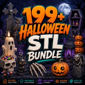 Może przedstawiać: Cyfrowa kolekcja ponad 199 plików STL na Halloween zawierająca modele do druku 3D, w tym nagrobek, świecę w kształcie ducha, miskę w kształcie czaszki ze słodyczami, czarnego kota, szkieletową dłoń, stos dyń, latarnię i gargulca.