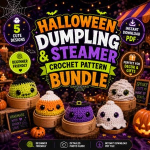 Può includere: Una grafica digitale per un pacchetto di schemi all'uncinetto di gnocchi e vaporiere di Halloween con cinque simpatici personaggi all'uncinetto: un mostro verde, un candy corn, una strega viola, una mummia e un fantasma in vaporiere di bambù.