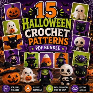 Puede incluir: Un paquete digital en PDF con 15 patrones de ganchillo para Halloween. La imagen muestra varias figuras tejidas a ganchillo, incluyendo calabazas, fantasmas, gatos negros, brujas, un esqueleto, una araña y maíz dulce, con el texto 15 HALLOWEEN CROCHET PATTERNS.