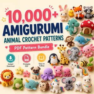 Op de afbeelding: Een digitale collectie van 10.000+ amigurumi haakpatronen in een PDF-bundel. De afbeelding toont talloze kleine, kleurrijke gehaakte figuren, waaronder een leeuw, kikker, narwal, octopus, een eenhoorn, een giraf en diverse andere dieren.