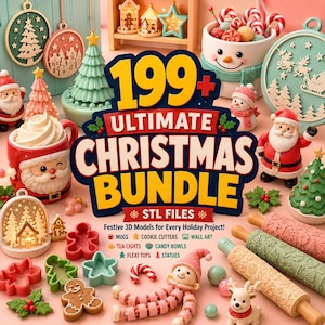 Könnte beinhalten: Eine digitale Sammlung von über 199 3D-druckbaren STL-Dateien zum Thema Weihnachten, darunter Abbildungen von Weihnachtsmannfiguren, Lebkuchenmännern, festlichen Tassen, geprägten Nudelhölzern, Ausstechformen und weihnachtlichen Wanddekorationen.