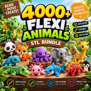 Könnte beinhalten: Eine digitale Werbegrafik für ein 4000+ Flexi Animals STL-Paket mit verschiedenen beweglichen, flexiblen 3D-gedruckten Tierfiguren, darunter ein grüner Drache, ein Panda, ein Fuchs, ein violetter Oktopus, ein Elefant, eine Giraffe und ein Hai.