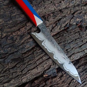 Handmade Kiritsuke Chef Knife with Damascus Pattern | Japanese Style Kitchen Knife | Red Blue Resin Handle | Custom Artisan Blade