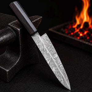 May include: A kitchen knife with a dark, rectangular wooden handle and a pointed steel blade featuring a distinct, swirling feather-like pattern. The knife is positioned against a dark, textured metal anvil, showcasing its sharp, tapered edge.