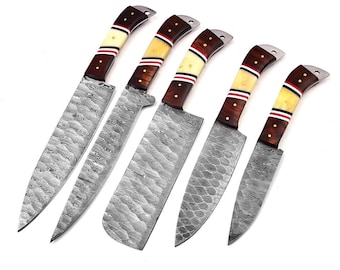 Set di coltelli da cucina in acciaio di Damasco, collezione di 5 coltelli da chef, coltelli da cucina fatti a mano, set di coltelli multiuso per disossare, regalo per chef,