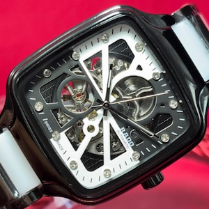 Vintage Refurbished Rado Skeleton Automatic Watch: Unisex Ceramic Case Exhibition Back