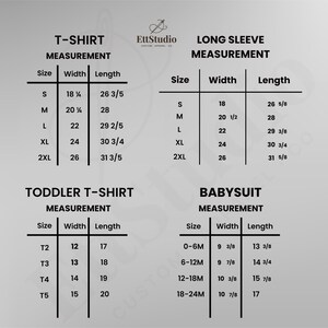 May include: A size chart for apparel featuring four tables labeled T-Shirt, Long Sleeve, Toddler T-Shirt, and Babysuit. Each table lists sizes, widths, and lengths in inches. The EttStudio logo is centered at the top of the gray background.