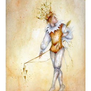 May include: Watercolor painting of a figure in a gold crown and vest, holding a bow with heart-shaped charms. The figure wears a white ruffled collar and patterned leggings. The background is a warm, speckled beige.