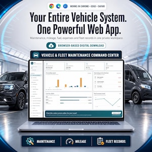 Könnte beinhalten: Ein Laptop mit einer Web-App zur Fahrzeug- und Flottenwartung. Der Bildschirm zeigt Daten-Dashboards für Ausgaben, Wartungsintervalle und Kraftstoffverbrauch. Text beinhaltet: Your Entire Vehicle System. One Powerful Web App.