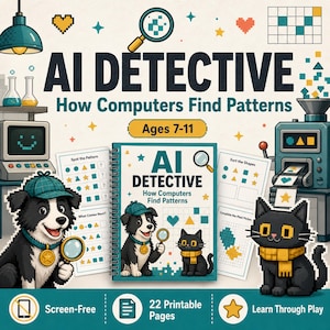 Może przedstawiać: Spiralny zeszyt ćwiczeń zatytułowany AI DETECTIVE How Computers Find Patterns, przedstawiający psa w czapce detektywa i czarnego kota. Okładka zawiera grafikę pikselową, lupy oraz edukacyjne arkusze zadań dla dzieci.