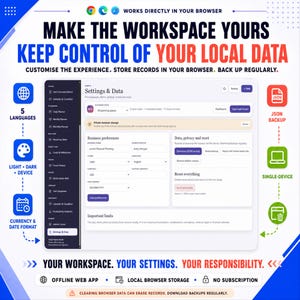 May include: A digital interface for a browser-based productivity application titled Settings & Data. The layout features a dark sidebar with navigation icons and a light-colored main panel containing business preferences, data privacy settings, and reset options.