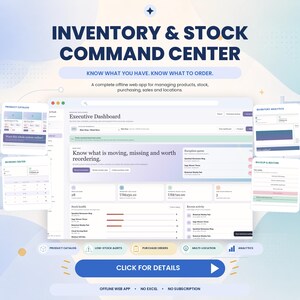 Könnte beinhalten: Eine Software-Oberfläche für ein Inventar- und Lagerverwaltungssystem mit Executive-Dashboard, Produktkatalog, Nachbestellungszentrum und Analysen. Die Anzeige enthält Textbeschriftungen wie Know what you have, know what to order und Click for details.