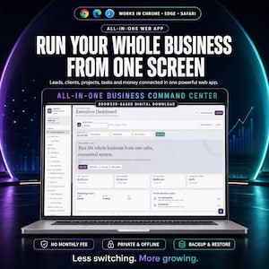 May include: A laptop displaying an all-in-one business command center web app. The screen shows an executive dashboard with financial data, project tracking, and task management. Text includes: RUN YOUR WHOLE BUSINESS FROM ONE SCREEN.
