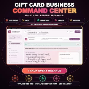 May include: A digital interface titled Gift Card Business Command Center featuring an Executive Dashboard for tracking gift card sales, redemptions, and liability. The web app includes sections for card library, analytics, and private browser data storage.