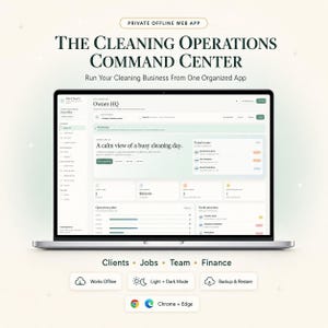 Peut inclure: Un écran d'ordinateur portable affichant une application web privée hors ligne intitulée The Cleaning Operations Command Center. L'interface présente un tableau de bord Owner HQ avec des sections pour les opérations, les clients et les finances.