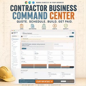 Op de afbeelding: Een digitale interface getiteld Contractor Business Command Center met iconen voor opdrachten, schattingen, personeel, kosten en veiligheid. Het scherm toont een dashboard met projectgegevens, financiële grafieken en een takenbord. Een gele veiligheidshelm staat ernaast.