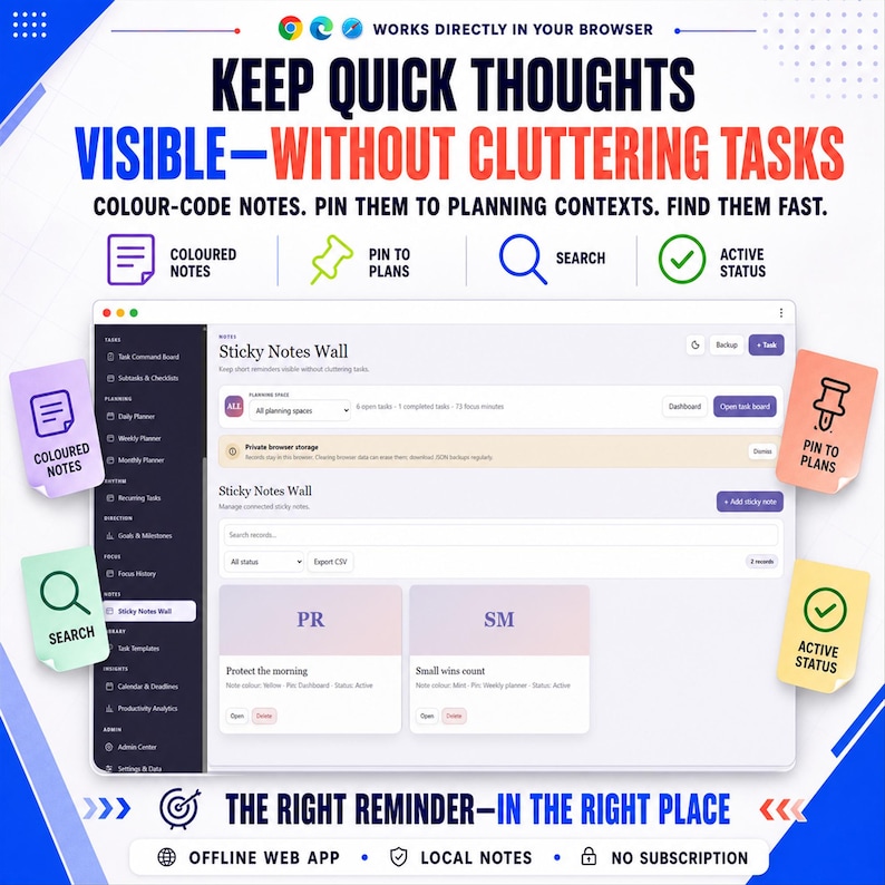 May include: A digital interface for a sticky notes wall application featuring the text KEEP QUICK THOUGHTS VISIBLE&mdash;WITHOUT CLUTTERING TASKS. The layout includes icons for coloured notes, pin to plans, search, and active status, with a central dashboard displaying task lists and note cards.