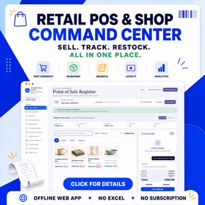 May include: A digital retail POS and shop command center interface displayed on a screen. The dashboard features sections for fast checkout, inventory, receipts, loyalty, and analytics. Text includes RETAIL POS & SHOP COMMAND CENTER, SELL. TRACK. RESTOCK. ALL IN ONE PLACE, and CLICK FOR DETAILS.