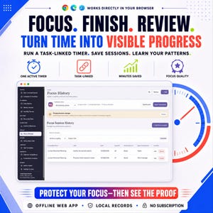 May include: A digital productivity software interface displaying a Focus History dashboard with task lists, session logs, and analytics. The graphic includes text: FOCUS. FINISH. REVIEW. TURN TIME INTO VISIBLE PROGRESS. PROTECT YOUR FOCUS-THEN SEE THE PROOF.