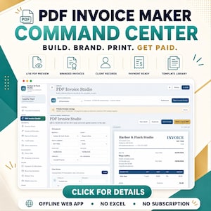 May include: A digital interface for a PDF Invoice Maker Command Center featuring a dashboard with tools for branded invoices, client records, and payment tracking. The screen displays a document workspace with invoice fields and a live preview.