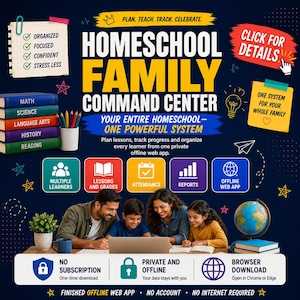 May include: A digital homeschool family command center advertisement featuring a stack of colorful books, a globe, and a family using a laptop. The text includes Plan, Teach, Track, Celebrate, Homeschool Family Command Center, and No Subscription.