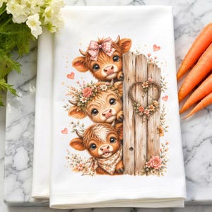 06 Highland Cow Kitchen Towel PNG Bundle | Cute Farmhouse Cow Sublimation Clipart, Tea & Dish Towel Graphics, Digital Download