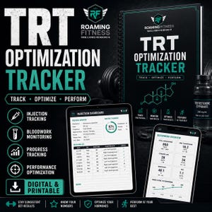May include: A TRT Optimization Tracker spiral-bound book, a tablet displaying an injection dashboard, and a smartphone showing a bloodwork overview. The black and teal design includes text labels for injection tracking, bloodwork monitoring, and performance.