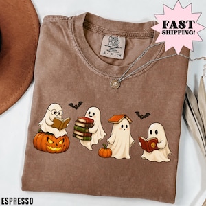 Comfort Colors® Ghost Reading Books T-Shirt, Halloween Ghost Shirt, Book Lover Gift, Teacher Halloween Shirt, Spooky Bookworm Ghost Tee