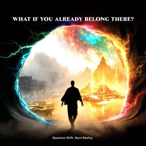 May include: Digital artwork showing a silhouetted person walking towards a colourful portal. The image is split, with a cityscape on the left and a fiery landscape on the right. The text at the top reads "WHAT IF YOU ALREADY BELONG THERE?" and at the bottom "Quantum Shift. Next Reality."