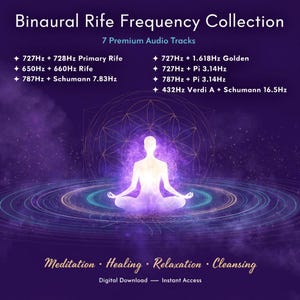 Op de afbeelding: Een digitale afbeelding getiteld Binaural Rife Frequency Collection met 7 Premium Audio Tracks. Het toont een gloeiend silhouet in lotushouding tegen een paarse achtergrond met geometrische patronen en de tekst Meditation, Healing, Relaxation, Cleansing.