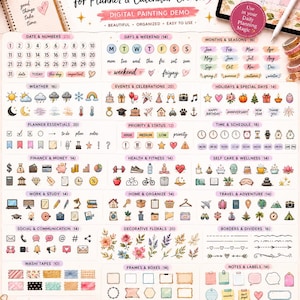 以下が含まれることがあります： プランナーやカレンダー作成用の115種類のProcreateスタンプのデジタルコレクション。日付、天気、祝日、財務、健康、旅行、花などのカテゴリー別アイコンが、テキストラベルと共に白い背景に配置されています。