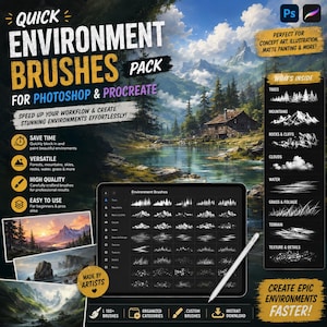 May include: A digital brush pack for Photoshop and Procreate featuring a collection of environment-themed stamps. The display shows a landscape illustration, a tablet interface with brush categories, and a stylus, alongside text labels for features.