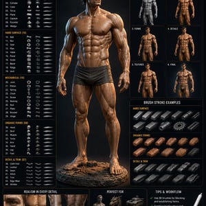 May include: A digital infographic titled 44 Procreate 3D Model Brushes featuring a central muscular figure in black shorts. It displays brush categories, a six-step digital painting process, brush stroke examples, and workflow tips.