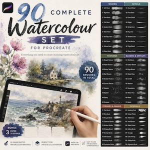 May include: A digital product advertisement for a 90 Complete Watercolour Set for Procreate, featuring a list of brush types, textures, and effects. The image displays a tablet screen showing a coastal lighthouse painting and a stylus pen.
