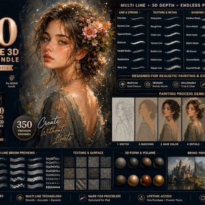May include: A digital product display for a 350 multi-line 3D brush bundle for Procreate. The image features a portrait of a person with flowers in their hair, a list of brush types, a six-step painting process demo, and texture previews.