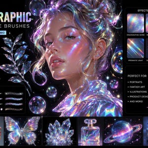 May include: A digital set of 30 holographic Procreate brushes featuring iridescent textures, sparkle effects, and light refraction. The display includes a portrait, a rose, a butterfly, crystals, a perfume bottle, a planet, and a car with holographic finishes.