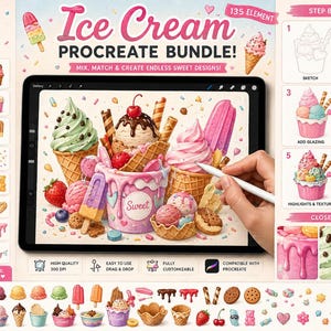 May include: A digital illustration of various ice cream cones, cups, and popsicles displayed on a tablet screen. The bundle includes 135 elements such as toppings, fruits, wafers, and sauces, with a step-by-step demo showing the creation process.