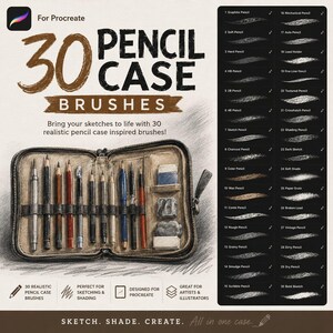 May include: A digital product listing for 30 Pencil Case Brushes for Procreate. The image features a brown zippered pencil case filled with various drawing tools, including pencils, a sharpener, and erasers, alongside a list of 30 brush strokes.